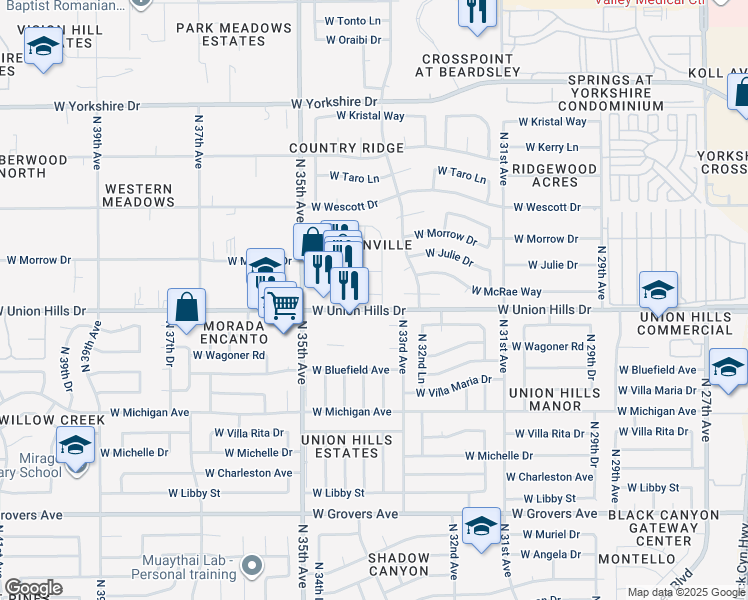 map of restaurants, bars, coffee shops, grocery stores, and more near 18619 North 33rd Drive in Phoenix