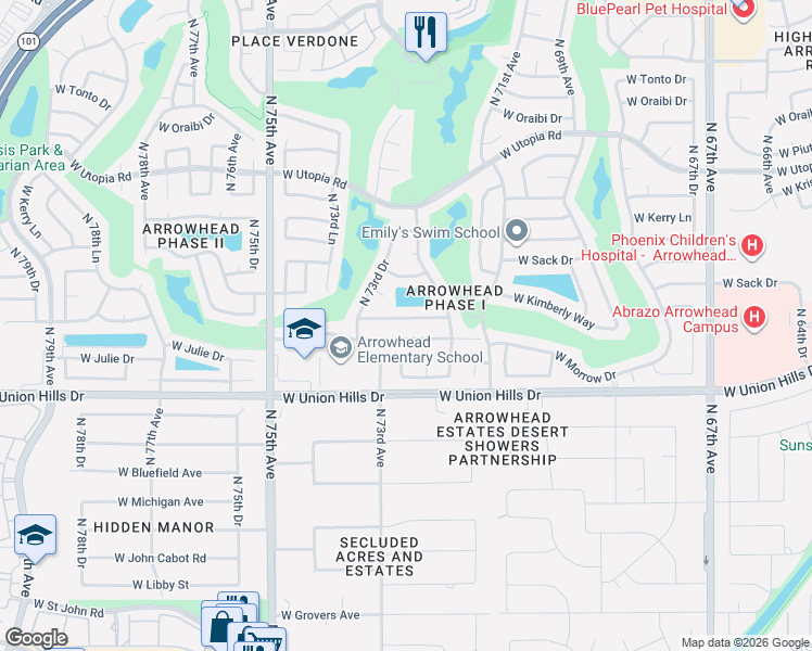 map of restaurants, bars, coffee shops, grocery stores, and more near 7204 West Kimberly Way in Glendale