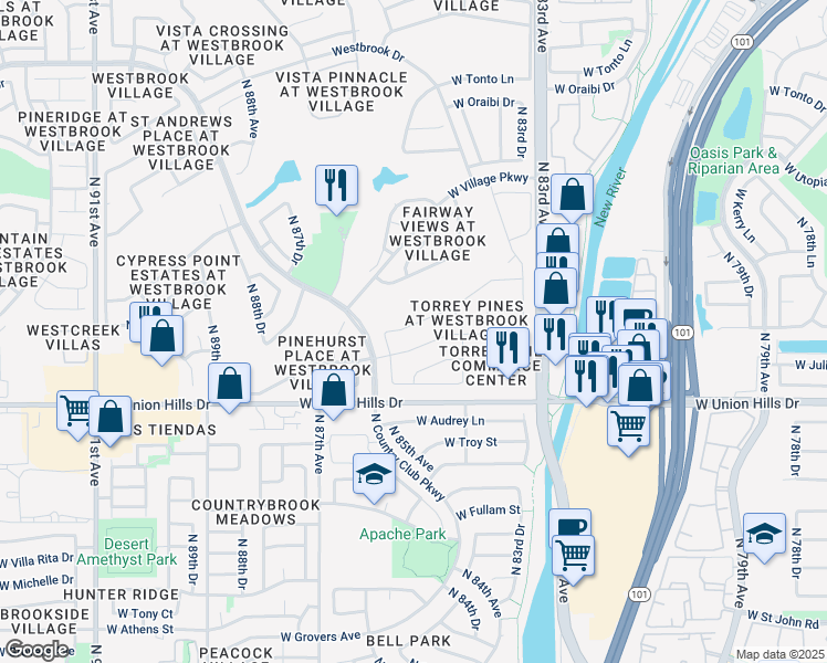 map of restaurants, bars, coffee shops, grocery stores, and more near 8450 West Rosemonte Drive in Peoria