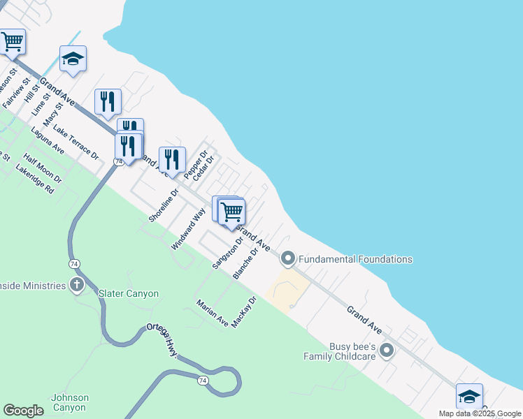 map of restaurants, bars, coffee shops, grocery stores, and more near 16038 Grand Avenue in Lake Elsinore