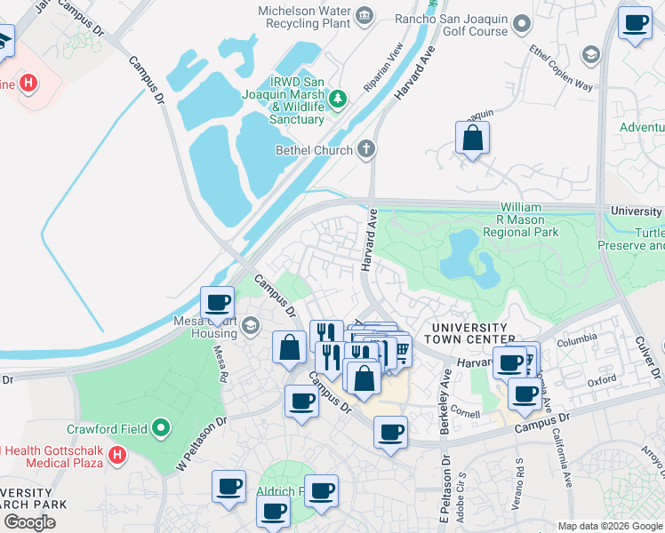 map of restaurants, bars, coffee shops, grocery stores, and more near 273 Stanford Court in Irvine