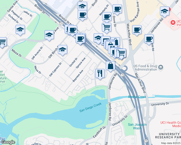 map of restaurants, bars, coffee shops, grocery stores, and more near 4 Baycrest Court in Newport Beach