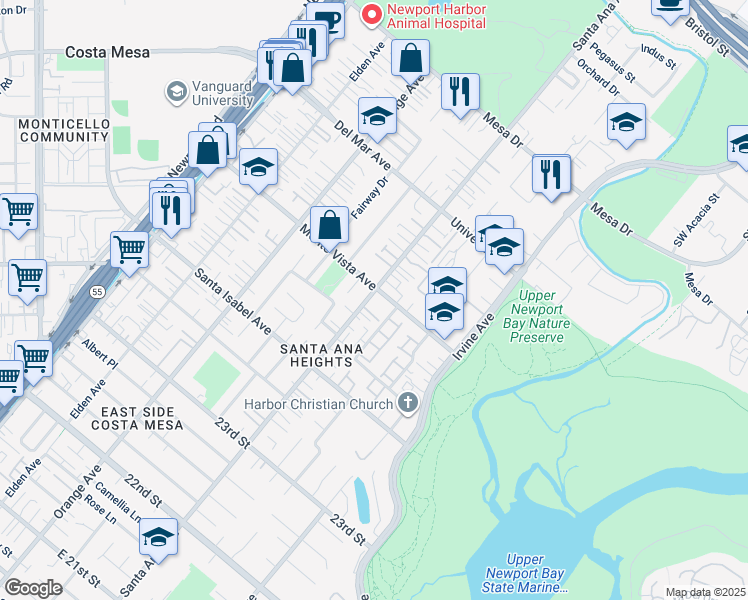 map of restaurants, bars, coffee shops, grocery stores, and more near 2498 Parmley Lane in Costa Mesa