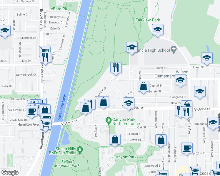 map of restaurants, bars, coffee shops, grocery stores, and more near 2236 Pacific Avenue in Costa Mesa