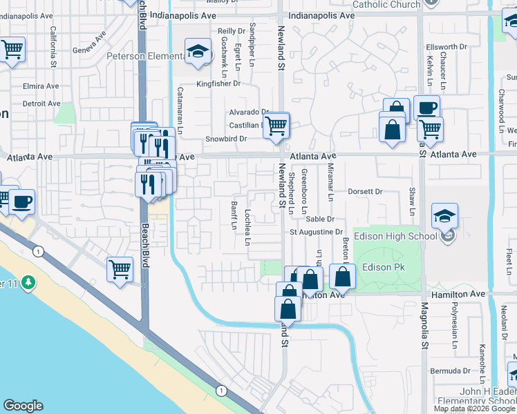 map of restaurants, bars, coffee shops, grocery stores, and more near 8426 Dory Drive in Huntington Beach