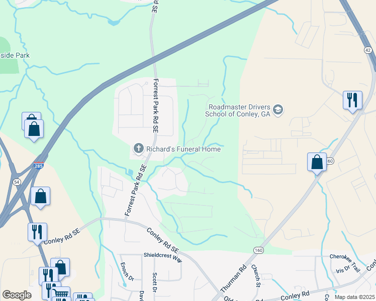 map of restaurants, bars, coffee shops, grocery stores, and more near 3534 Oakshire Way Southeast in Atlanta