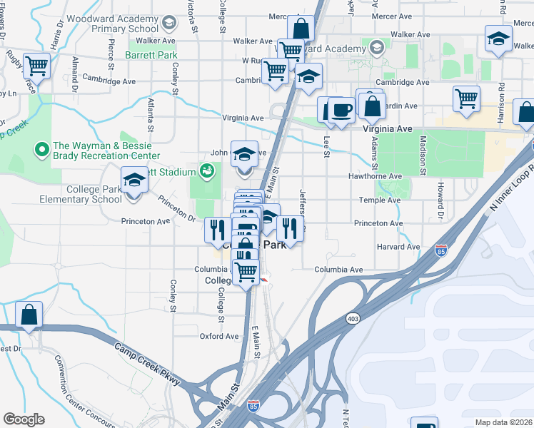 map of restaurants, bars, coffee shops, grocery stores, and more near 3652 Main Street in Atlanta