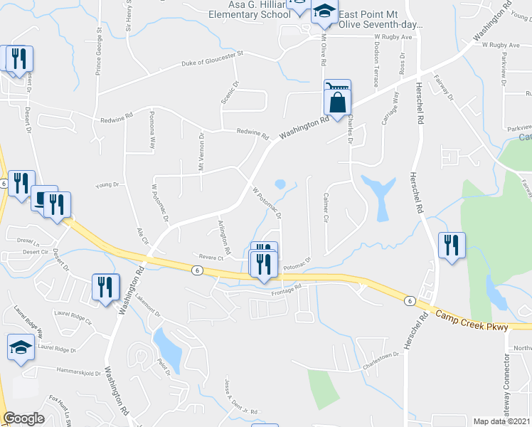 map of restaurants, bars, coffee shops, grocery stores, and more near 3661 West Potomac Drive in East Point