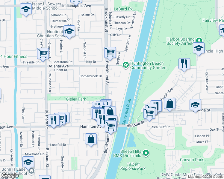 map of restaurants, bars, coffee shops, grocery stores, and more near 10042 Spar Circle in Huntington Beach