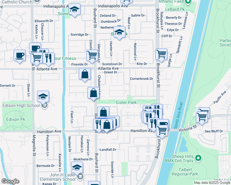 map of restaurants, bars, coffee shops, grocery stores, and more near 9642 Gisler Drive in Huntington Beach