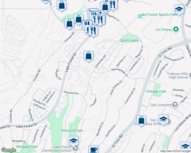 map of restaurants, bars, coffee shops, grocery stores, and more near 26481 Olivewood in Lake Forest