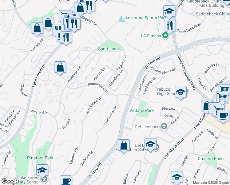 map of restaurants, bars, coffee shops, grocery stores, and more near 26862 Sommerset Lane in Lake Forest
