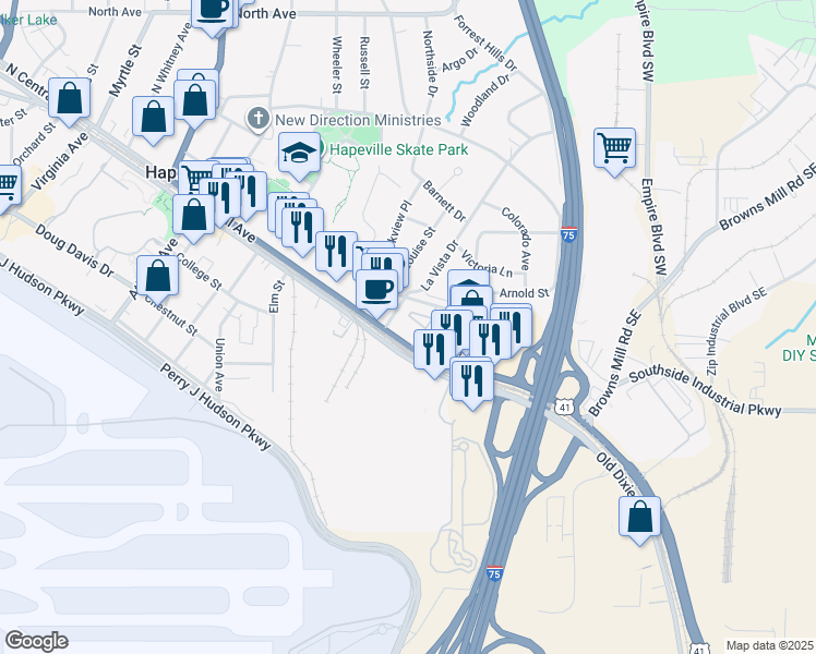 map of restaurants, bars, coffee shops, grocery stores, and more near 405 North Central Avenue in Hapeville
