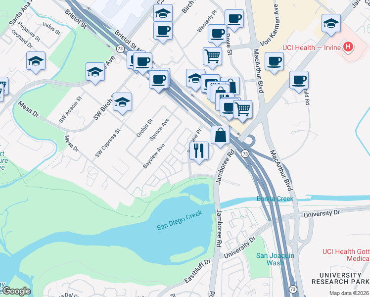 map of restaurants, bars, coffee shops, grocery stores, and more near 27 Baycrest Court in Newport Beach