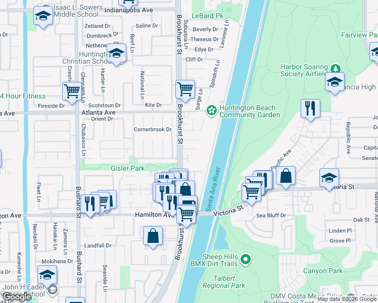 map of restaurants, bars, coffee shops, grocery stores, and more near 10042 Spar Circle in Huntington Beach
