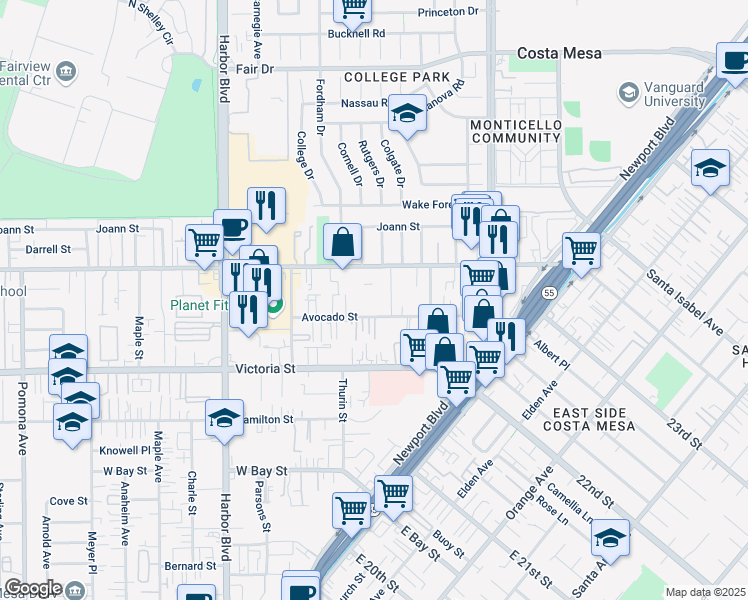map of restaurants, bars, coffee shops, grocery stores, and more near 327 West Wilson Street in Costa Mesa