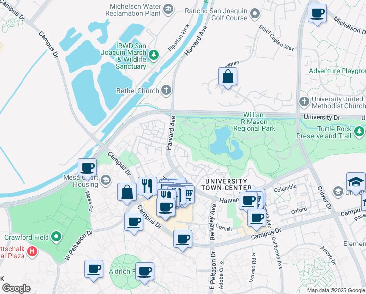 map of restaurants, bars, coffee shops, grocery stores, and more near 93 Lehigh Aisle in Irvine