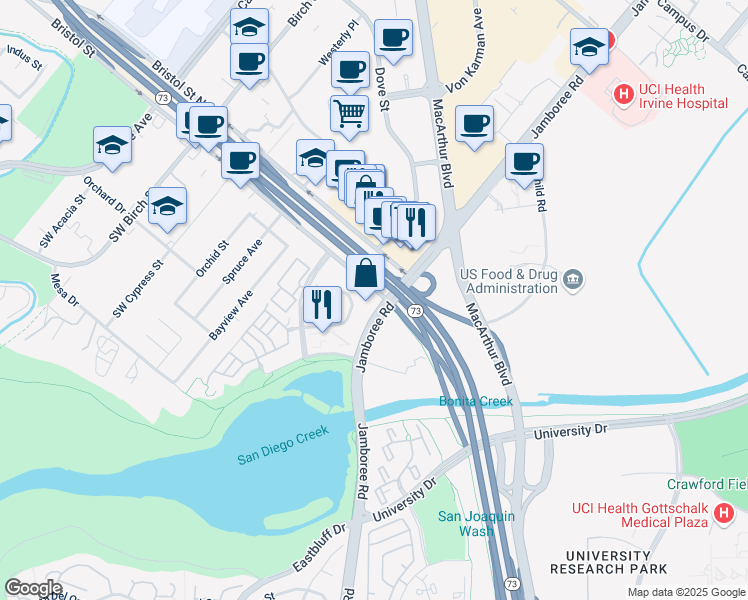 map of restaurants, bars, coffee shops, grocery stores, and more near 3501 Jamboree Road in Newport Beach
