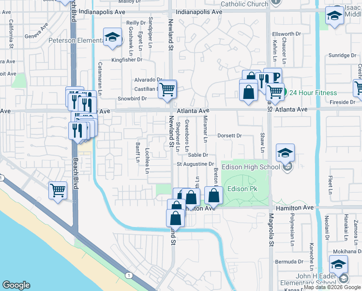 map of restaurants, bars, coffee shops, grocery stores, and more near 21131 Shepherd Lane in Huntington Beach
