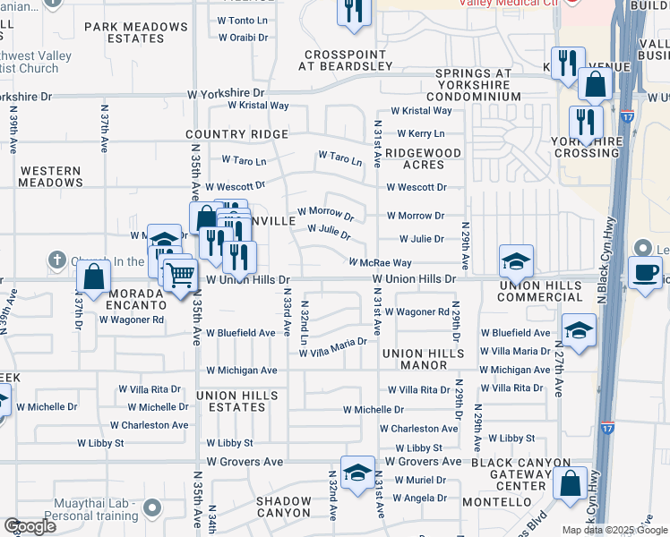 map of restaurants, bars, coffee shops, grocery stores, and more near 3149 West McRae Way in Phoenix