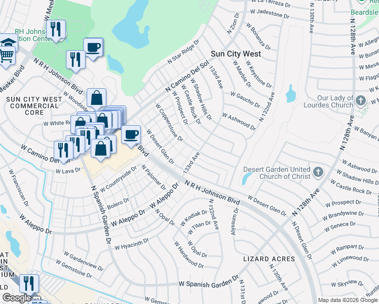 map of restaurants, bars, coffee shops, grocery stores, and more near 13329 West Copperstone Drive in Sun City