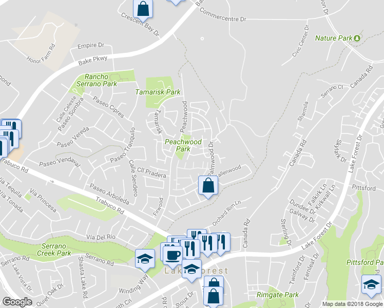 map of restaurants, bars, coffee shops, grocery stores, and more near 21212 Jasmines Way in Lake Forest