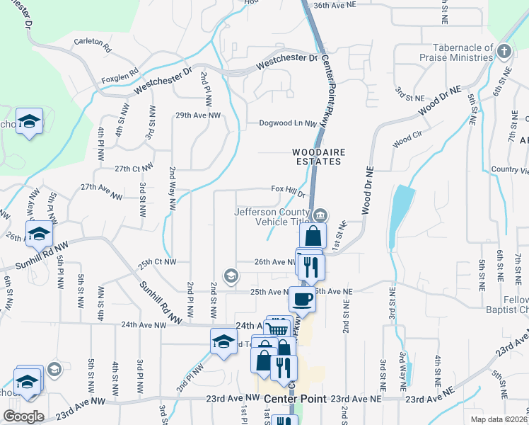map of restaurants, bars, coffee shops, grocery stores, and more near 122 Fox Hill Court in Center Point