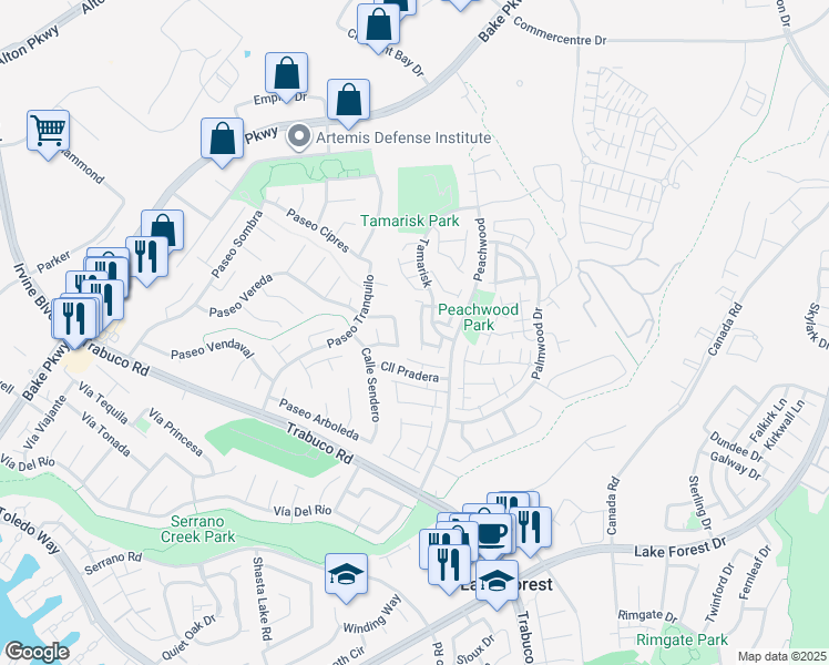 map of restaurants, bars, coffee shops, grocery stores, and more near 21205 Serra Vista in Lake Forest