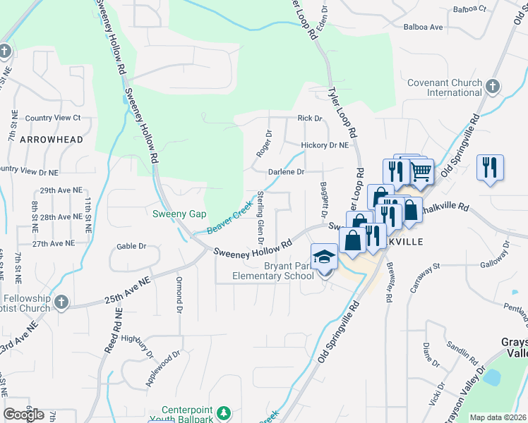 map of restaurants, bars, coffee shops, grocery stores, and more near 5247 Sterling Glen Drive in Pinson