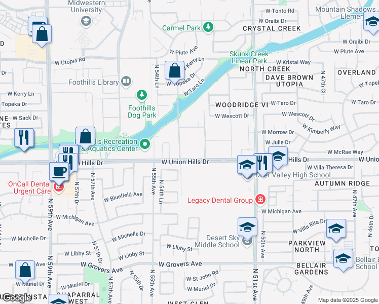 map of restaurants, bars, coffee shops, grocery stores, and more near 5330 West Union Hills Drive in Glendale