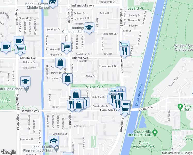 map of restaurants, bars, coffee shops, grocery stores, and more near 21181 Strathmoor Lane in Huntington Beach