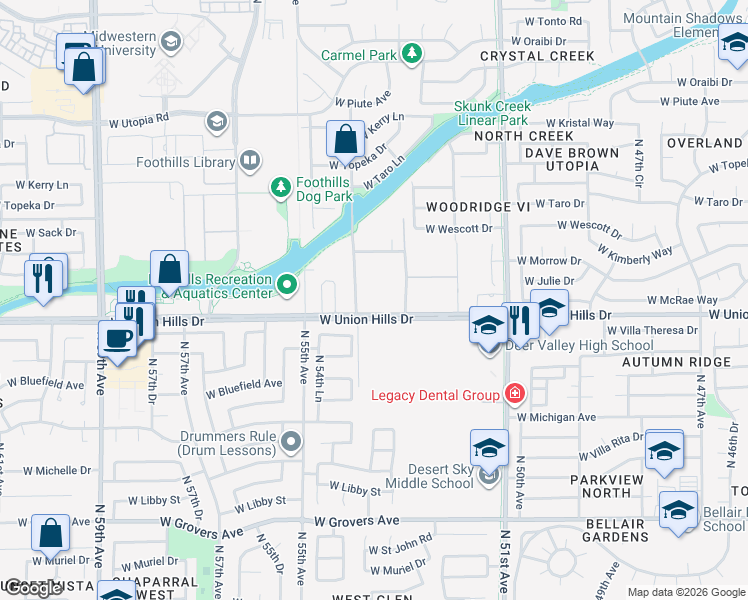 map of restaurants, bars, coffee shops, grocery stores, and more near 5330 West Union Hills Drive in Glendale