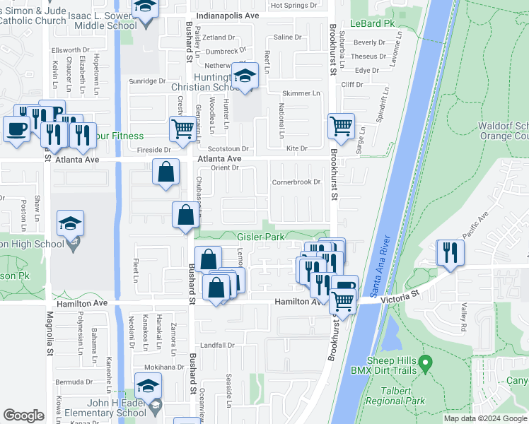 map of restaurants, bars, coffee shops, grocery stores, and more near 21181 Strathmoor Lane in Huntington Beach