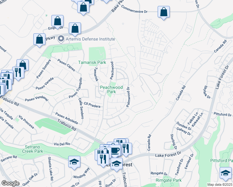 map of restaurants, bars, coffee shops, grocery stores, and more near 21216 Jasmines Way in Lake Forest