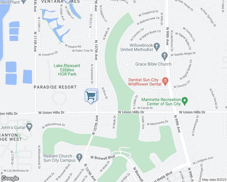 map of restaurants, bars, coffee shops, grocery stores, and more near 18813 North Welk Drive in Sun City
