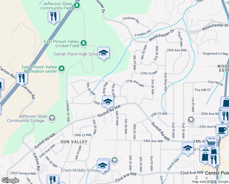map of restaurants, bars, coffee shops, grocery stores, and more near 2612 5th Place Northwest in Center Point