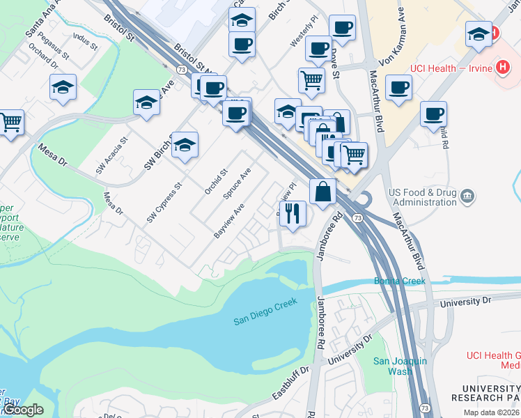 map of restaurants, bars, coffee shops, grocery stores, and more near 48 Baycrest Court in Newport Beach