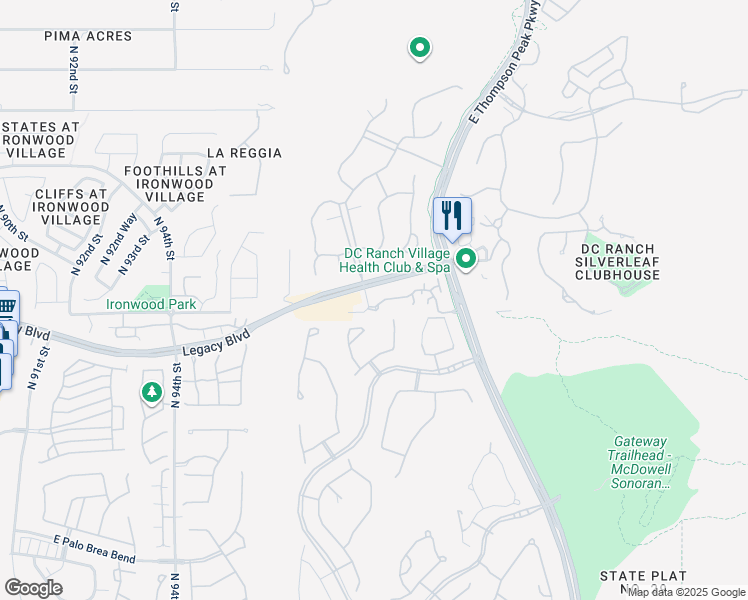 map of restaurants, bars, coffee shops, grocery stores, and more near 18650 North Thompson Peak Parkway in Scottsdale
