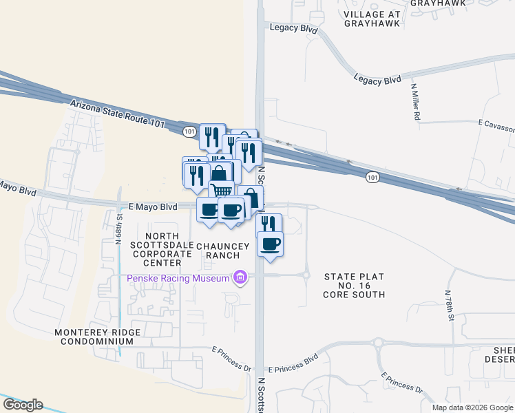 map of restaurants, bars, coffee shops, grocery stores, and more near in Scottsdale