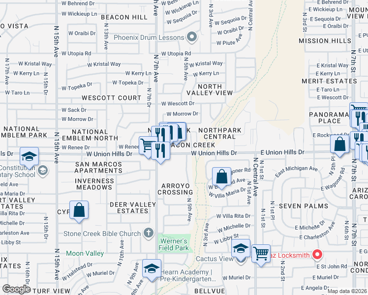 map of restaurants, bars, coffee shops, grocery stores, and more near 18612 North 4th Drive in Phoenix