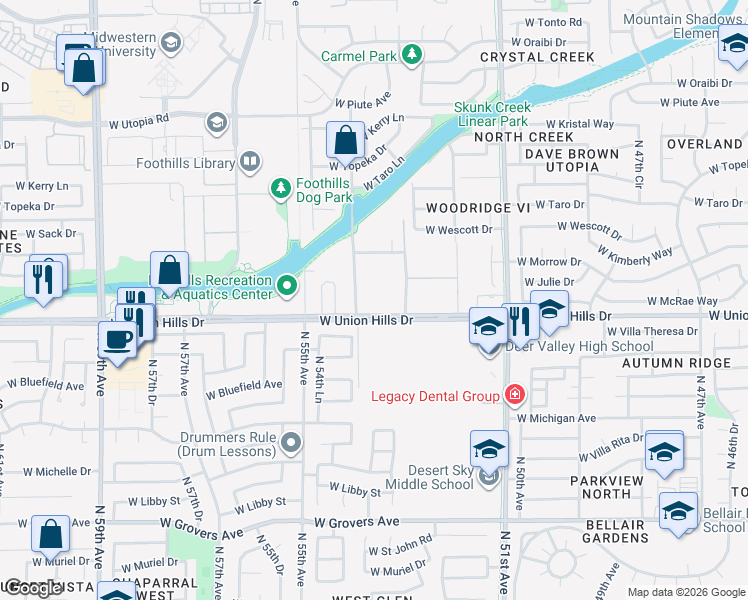 map of restaurants, bars, coffee shops, grocery stores, and more near 5330 West Union Hills Drive in Glendale