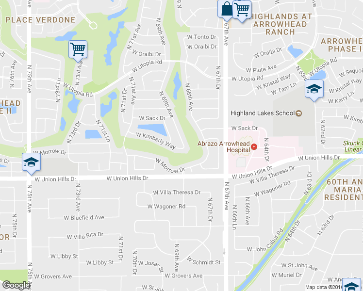 map of restaurants, bars, coffee shops, grocery stores, and more near 18857 North 69th Drive in Glendale