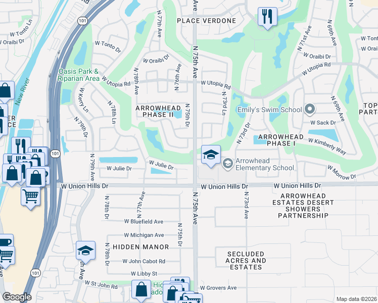 map of restaurants, bars, coffee shops, grocery stores, and more near 18856 North 75th Drive in Glendale