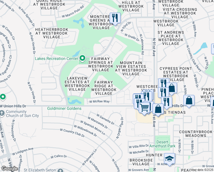 map of restaurants, bars, coffee shops, grocery stores, and more near 18813 North 94th Avenue in Peoria
