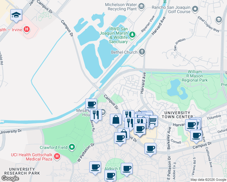 map of restaurants, bars, coffee shops, grocery stores, and more near 299 Stanford Court in Irvine