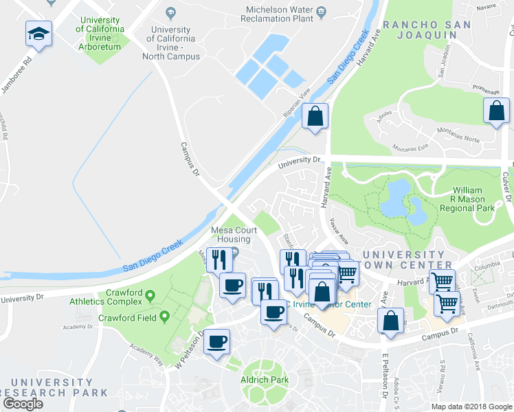 map of restaurants, bars, coffee shops, grocery stores, and more near 299 Stanford Court in Irvine