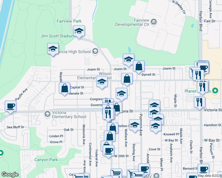 map of restaurants, bars, coffee shops, grocery stores, and more near 787 West Wilson Street in Costa Mesa
