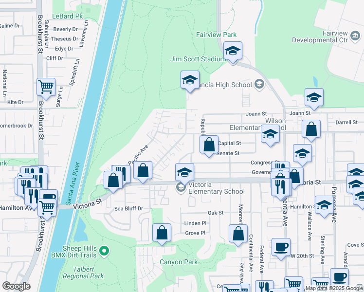 map of restaurants, bars, coffee shops, grocery stores, and more near 2239 State Avenue in Costa Mesa