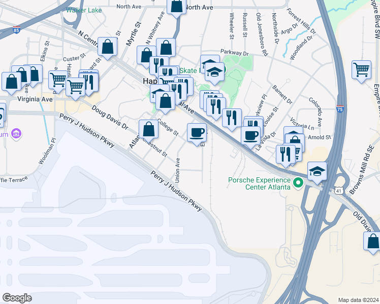 map of restaurants, bars, coffee shops, grocery stores, and more near 3624 Union Avenue in Hapeville