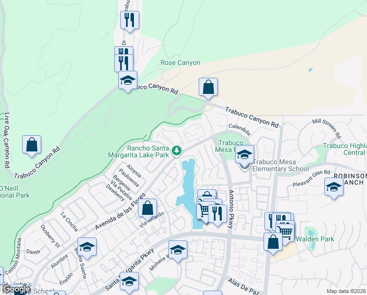 map of restaurants, bars, coffee shops, grocery stores, and more near 3 Lobelia in Rancho Santa Margarita